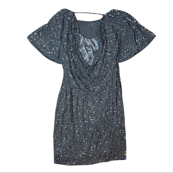 Blue/Grey Beaded Sequin Flutter Sleeve Cocktail Dress size 2 Aiden Mattox - Picture 2 of 9